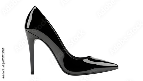 Side view of a classic black patent leather stiletto pump isolated on white