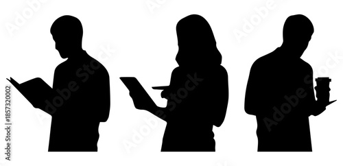 People silhouettes with book tablet and coffee cup set, man and woman reading working and holding paper cup