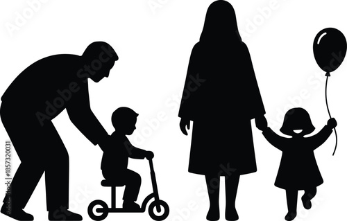 Family silhouettes enjoying childhood moments, parents supporting kids with scooter and balloon, love care and togetherness concept, black shadow figures
