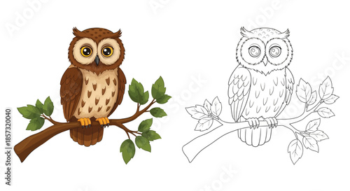 Wise Owl on Branch: A charming illustration depicts a majestic owl perched gracefully upon a sturdy branch, exuding an air of wisdom and serenity in a vibrant, artistic rendering.