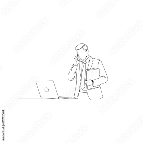 Continuous line drawing of businessman talking on mobile phone and holding document paper while working at office desk with laptop, minimalist vector illustration.
