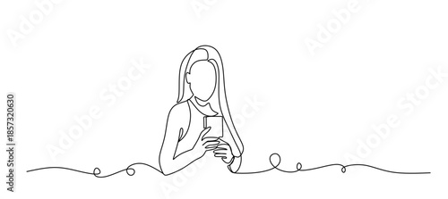continuous single line drawing of young woman taking a selfie with her smartphone, line art vector illustration