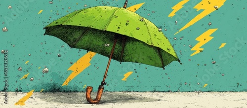 A green umbrella shields against rain and lightning in a stylized illustration