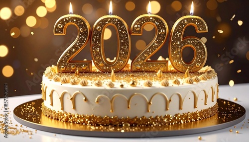 Bright golden candles spelling out '2026' illuminate a festive, elegantly decorated cake, capturing the joyful spirit of a New Year celebration and future aspirations
