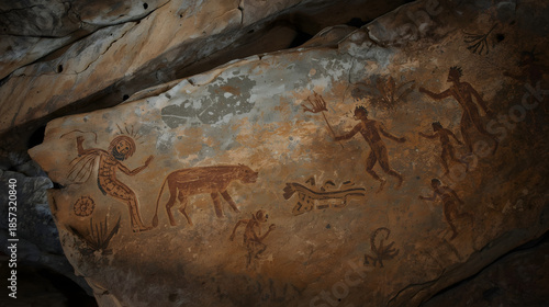 Ancient rock art depicting human figures and animals in a prehistoric hunting scene on a cave wall.