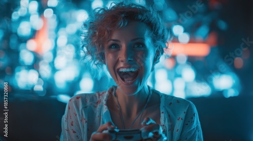 Woman excited gaming