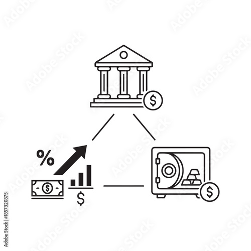 Deposit vector icon. Banking concept with financial building, open safe with gold, and online interest growth line art illustration.
