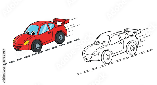 Speedy Car in Motion: A vibrant cartoon car races along a dotted line, its cheerful face and sleek design embodying the thrill of speed and motion.