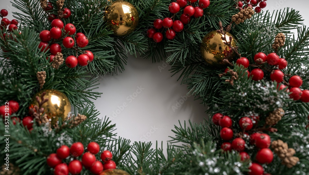 Obraz premium Wreath of Evergreens, Crimson Berries, and Glimmering Golden Spheres on a Neutral Surface.