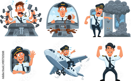 Funny cartoon pilot characters in cockpit, flight panic, airplane emergency, comic aviation humor, aviation chaos, captain stress moments illustration