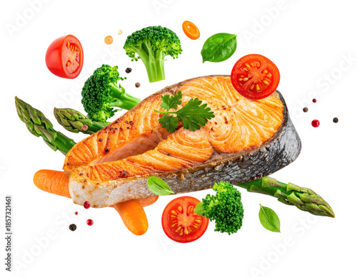 Grilled Salmon Steak Served with Colorful Fresh Vegetables on a Transparent Background