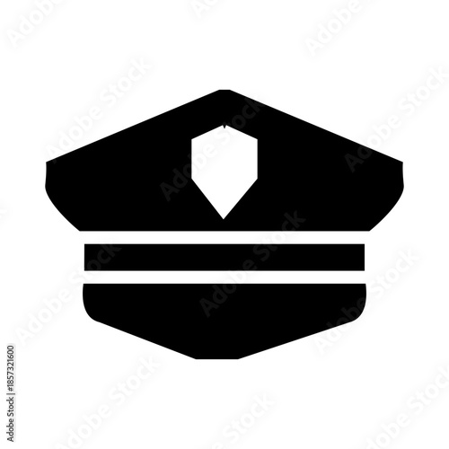 Black silhouette icon of a police officer cap with badge detail. Minimal vector design symbolizing authority, law enforcement, security services, and public safety.