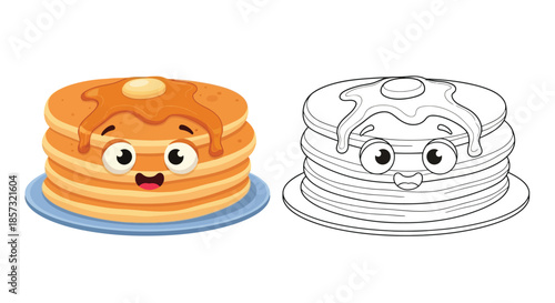 Pancake Delight: A charming, cartoon-style depiction of a stack of fluffy pancakes with melting butter and a drizzle of syrup, evoking the sweet simplicity of a cozy breakfast.