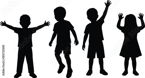 Group of happy children silhouettes standing and raising hands, joyful childhood expression and freedom concept, playful energy, black shadow figures