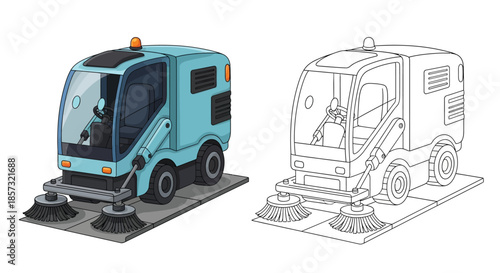 Street Sweeper illustration : A street sweeper sits on the gray ground showing its brush. This image captured from the side that shows the features of the object.