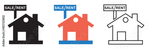 Real Estate Finance and Property Deal Icons. House for sale and home for rent icons. online payment contract valuation.