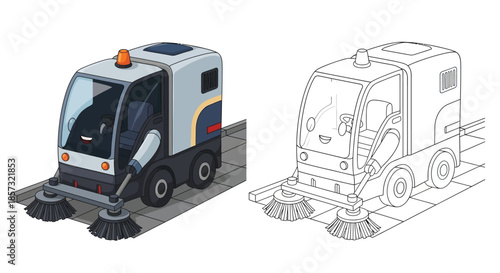 Urban Cleaning Machine: A detailed illustration of a street sweeper, designed to maintain cleanliness in urban environments. The image presents both a full-color and a line art version.