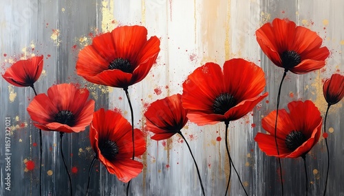 Modern abstract painting features vibrant red poppies with black centers against textured gray, white background. Splashes of gold, red paint add dynamic accents. Delicate stems support bold floral