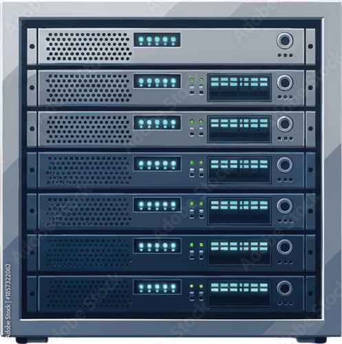 Modern Server Rack with Multiple Computer Servers, Illuminated Blue and Green LED Lights. Essential IT Infrastructure for Data Centers, Cloud Computing, and Digital Business Technology.
