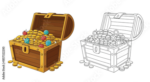 Gold Treasure Chest: A treasure chest overflowing with gold coins and colorful treasures, exuding a sense of adventure, wealth, and discovery, ready to be uncovered.