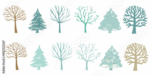 A collection of sketched trees in varying shades of green and brown