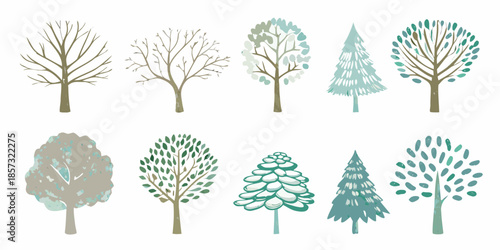 A collection of stylized trees in varying shapes and shades of green