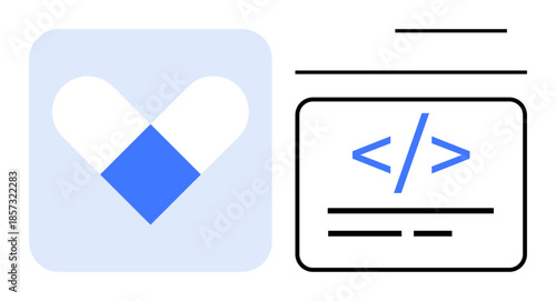 Healthcare technology, medical coding, software development, telemedicine, digital health, innovation. Heart-shaped medical logo paired with code snippet interface. Healthcare technology and medical