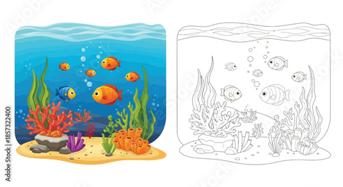 Underwater Wonderland: A vibrant underwater scene teems with life, featuring a school of colorful fish swimming amidst coral and seaweed, evoking the beauty of the aquatic world. 