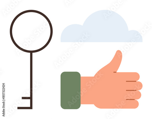 Key, floating cloud, and thumbs-up hand symbolizing access, cloud services, protection, approval, decision-making, teamwork and digital innovation. Ideal for cybersecurity cloud computing success