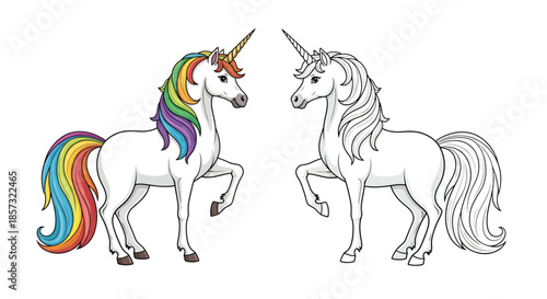 Unicorns in Fantasy Land: Majestic unicorn pair stands, with vibrant colors and intricate details. one fully colored and one outline.