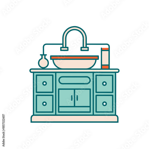 Bathroom vanity with sink and accessories on transparent background silhouette