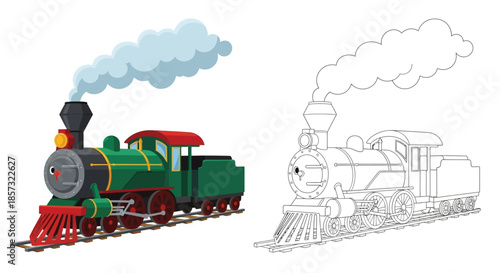 Steam Engine in Motion: A vibrant illustration of a vintage steam engine, chugging along the tracks, releasing a plume of smoke into the sky.  