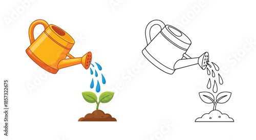 Nurturing Growth: A watering can showers a tender sprout, a symbol of growth and the care required to foster life and new beginnings.
