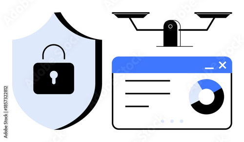 Cybersecurity, data analysis, online privacy, legal compliance, internet safety, data protection. Shield with lock, justice scales and data chart. Cybersecurity and data analysis concept