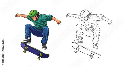 Skateboarder in Action: Dynamic artwork captures a skateboarder mid-air, showcasing agility and dedication. A vivid illustration portrays the spirit of skateboarding with a line art counterpart.