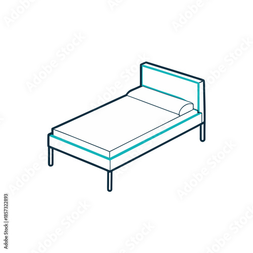 Isometric single bed with pillow outline on transparent background silhouette