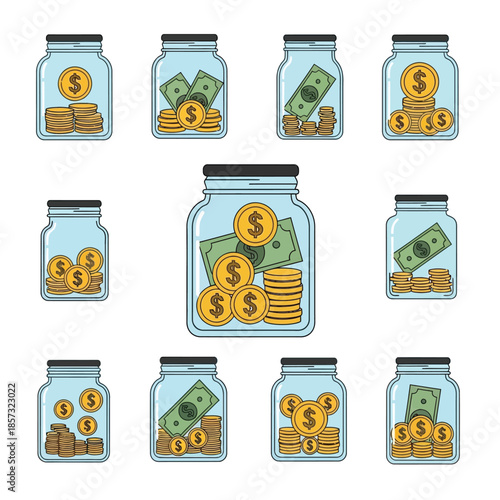 Collection of glass jars filled with various amounts of money, including gold coins and dollar banknotes, illustrating savings and financial concepts.