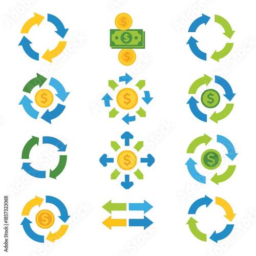 A collection of vector icons illustrating financial cycles, money flow, business processes, and economic transactions with arrows and dollar signs.