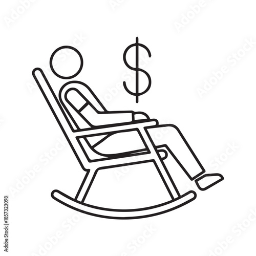 Retirement pension concept icon with person sitting on rocking chair and dollar sign, linear vector illustration.
