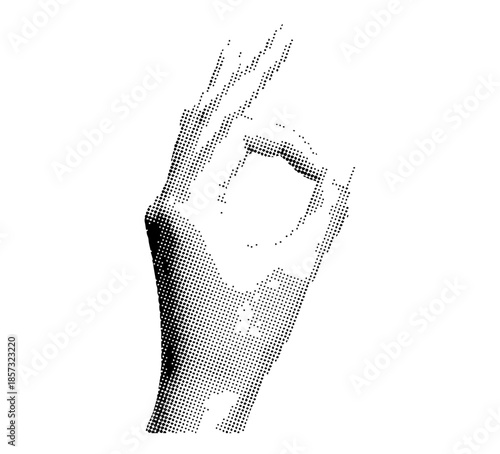 Halftone dotted woman hand acting OK gesture isolated on white background