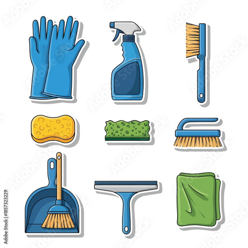 A collection of essential household cleaning supplies and tools, including gloves, sponges, brushes, spray bottle, dustpan, and squeegee.