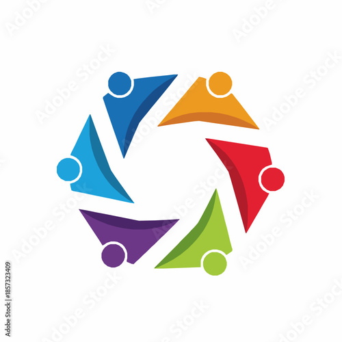 Dynamic teamwork logo vector with eight people in circular group formation