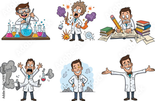 Funny cartoon scientist characters in lab, chemistry experiments, lab accidents, comic science humor, research stress, scientific discovery, lab chaos illustration