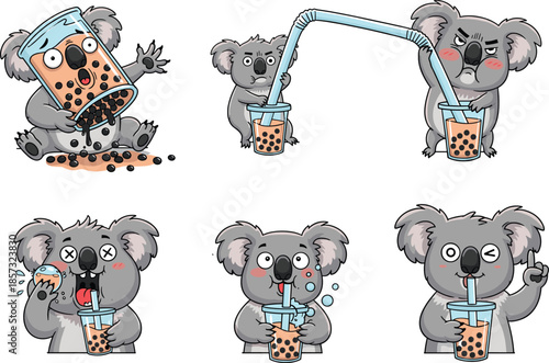 Canvas Print Funny koala drinking bubble tea, cute boba cartoon character, boba milk tea illu