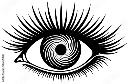 Black and white vector illustration of a human eye with long dramatic eyelashes and a hypnotic spiral iris pattern,