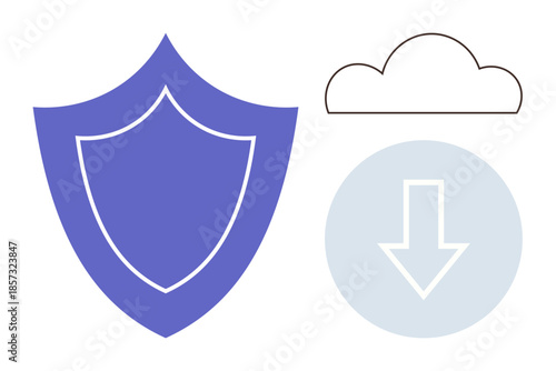 Blue shield, cloud outline, and arrow in circle symbolize data security, cloud storage, and backup. Ideal for cyber protection, privacy, technology, safety IT cloud computing simple flat metaphor