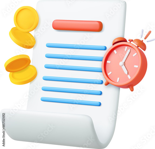 3d Bill with clock and golden coins