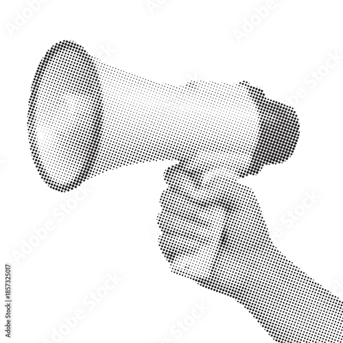 A single hand gripping a megaphone. The image uses a halftone dot pattern for shading and texture. Isolated on a white background. Perfect for concepts of announcement or protest.