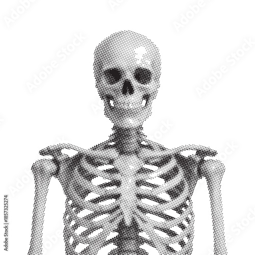 Front view of human skeleton. The image is created using a halftone dot pattern, giving it a unique artistic style. Isolated against a white background. Anatomical and educational.