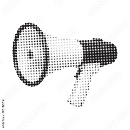 A black and white image of a megaphone. The image is rendered in a halftone dot pattern, giving it a retro or graphic novel feel. Isolated on a plain white background.